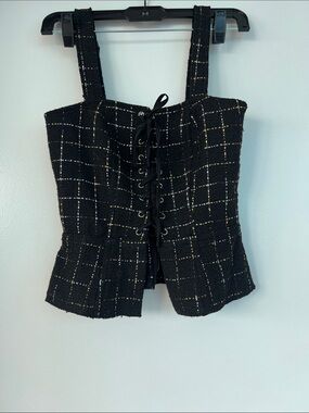 About Us Black Tweed Lace-Up Corset Top with Plaid Threads
